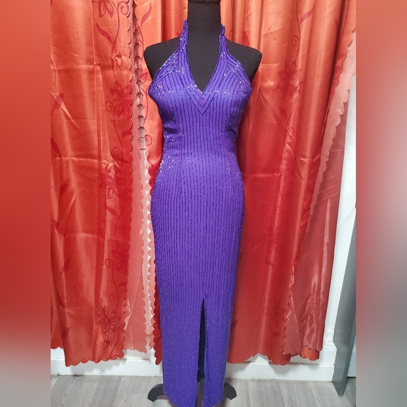 Vintage Purple Beaded Silk Halter Gown Cocktail Dress sz 4 - Picture 11 of 13